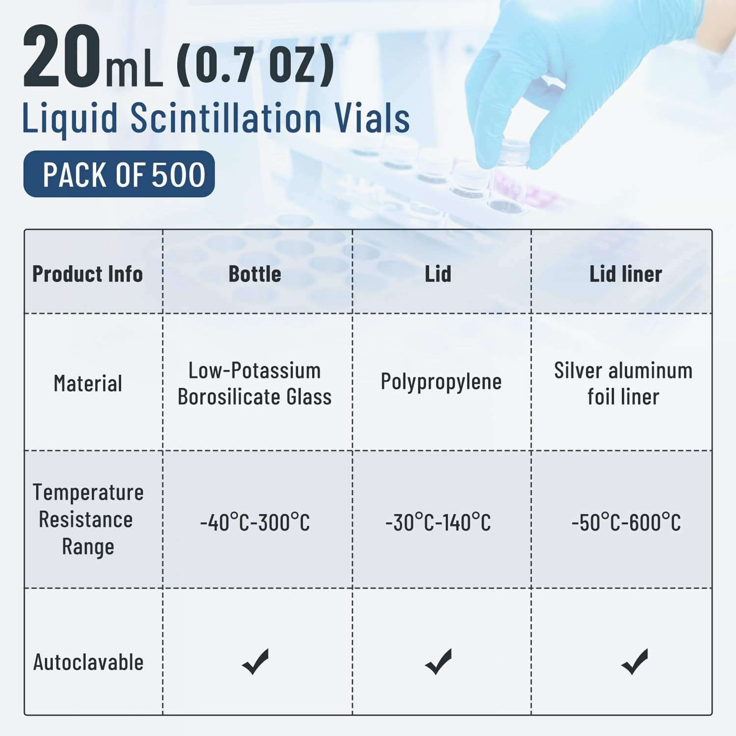 20ml Scintillation Vials Glass Sample Vials Counting Vials Lab Vials 100/500PCS