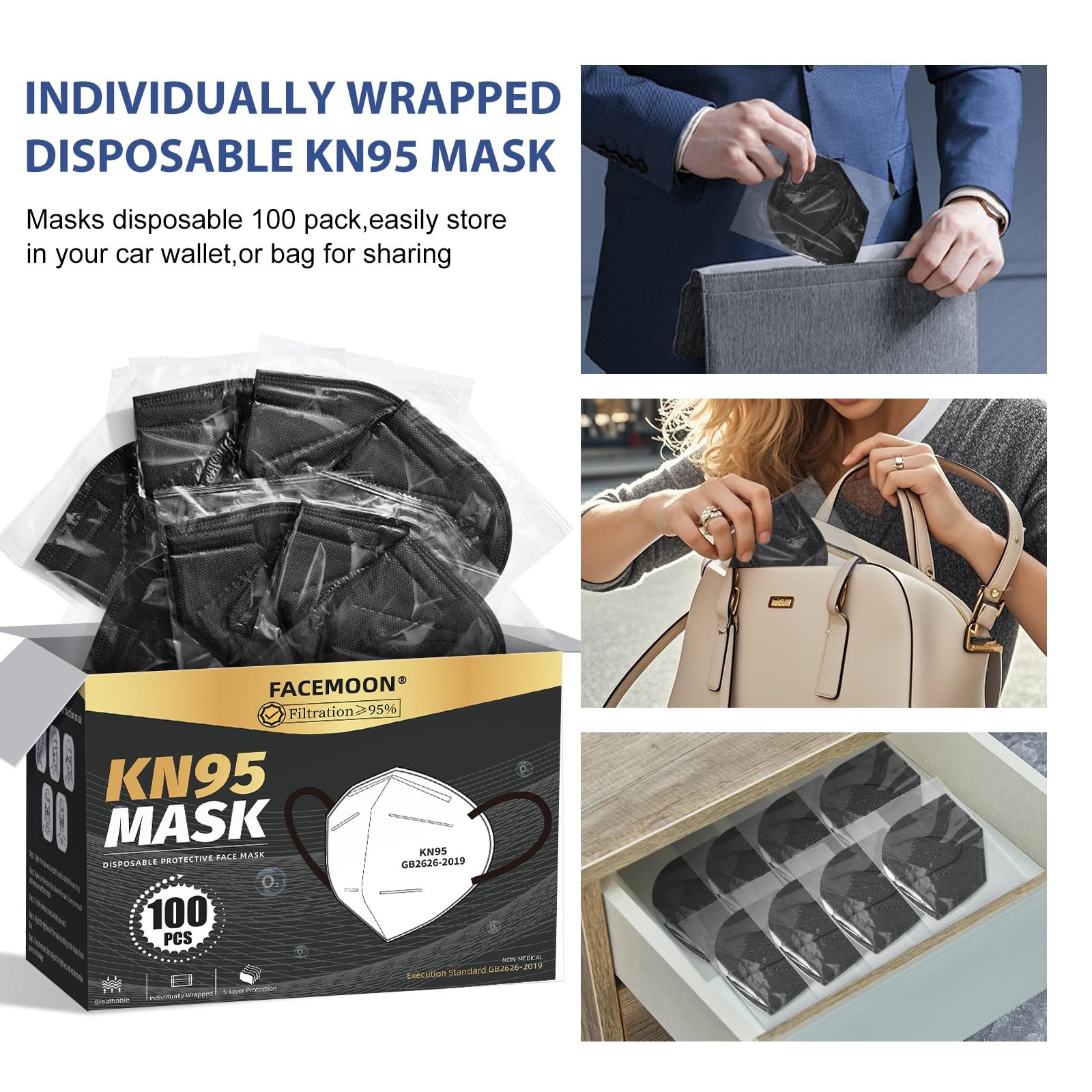KN95 Face Mask Disposable Adults – 100 Pack 5 1 Count (Pack of 100), Black