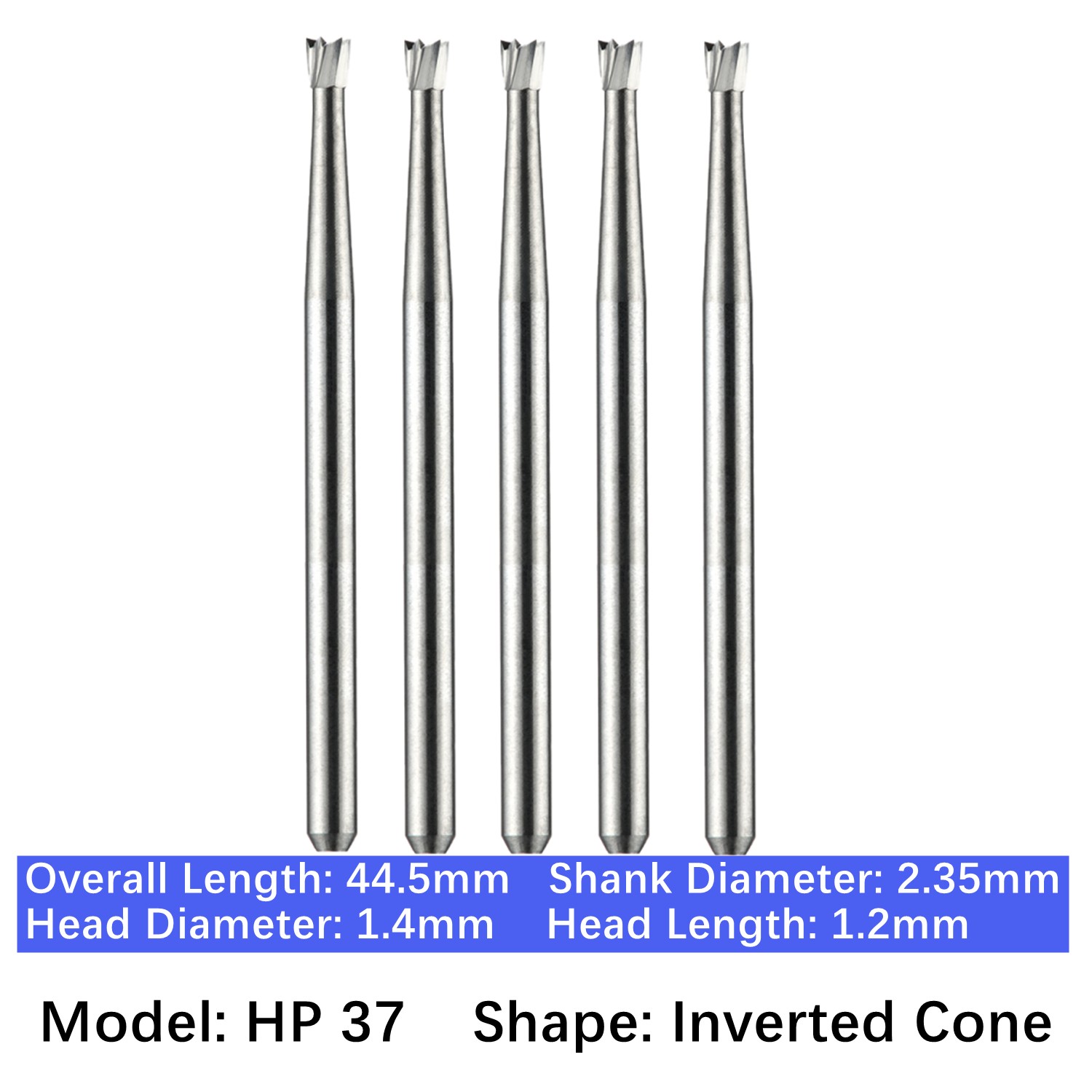 5/pk Vakker Dental HP Carbide Burs Long Straight Inverted Cone Low Speed HP 37