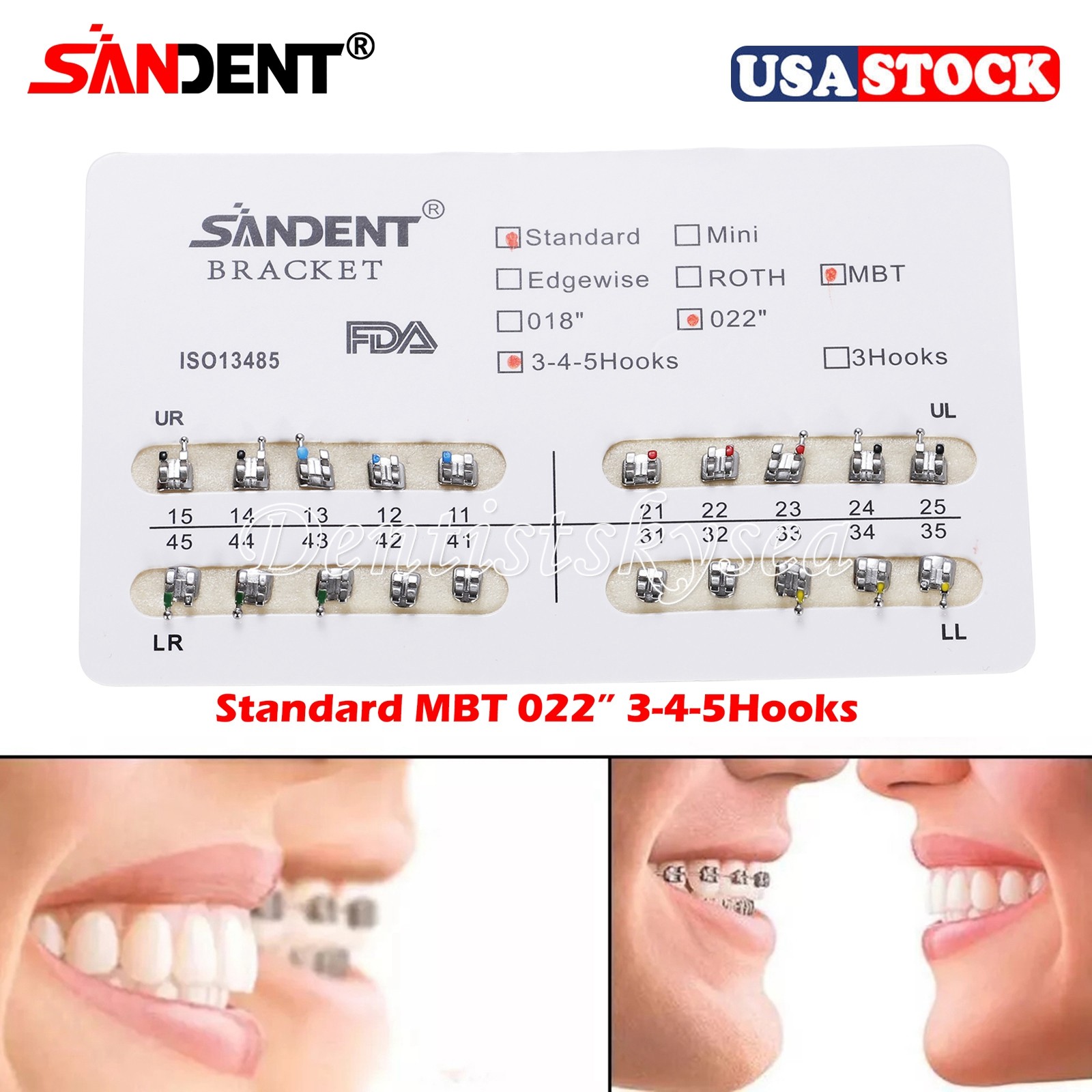 10Packs Dental Orthodontic Brackets Metal Braces Standard MBT 022 Hooks 3-4-5