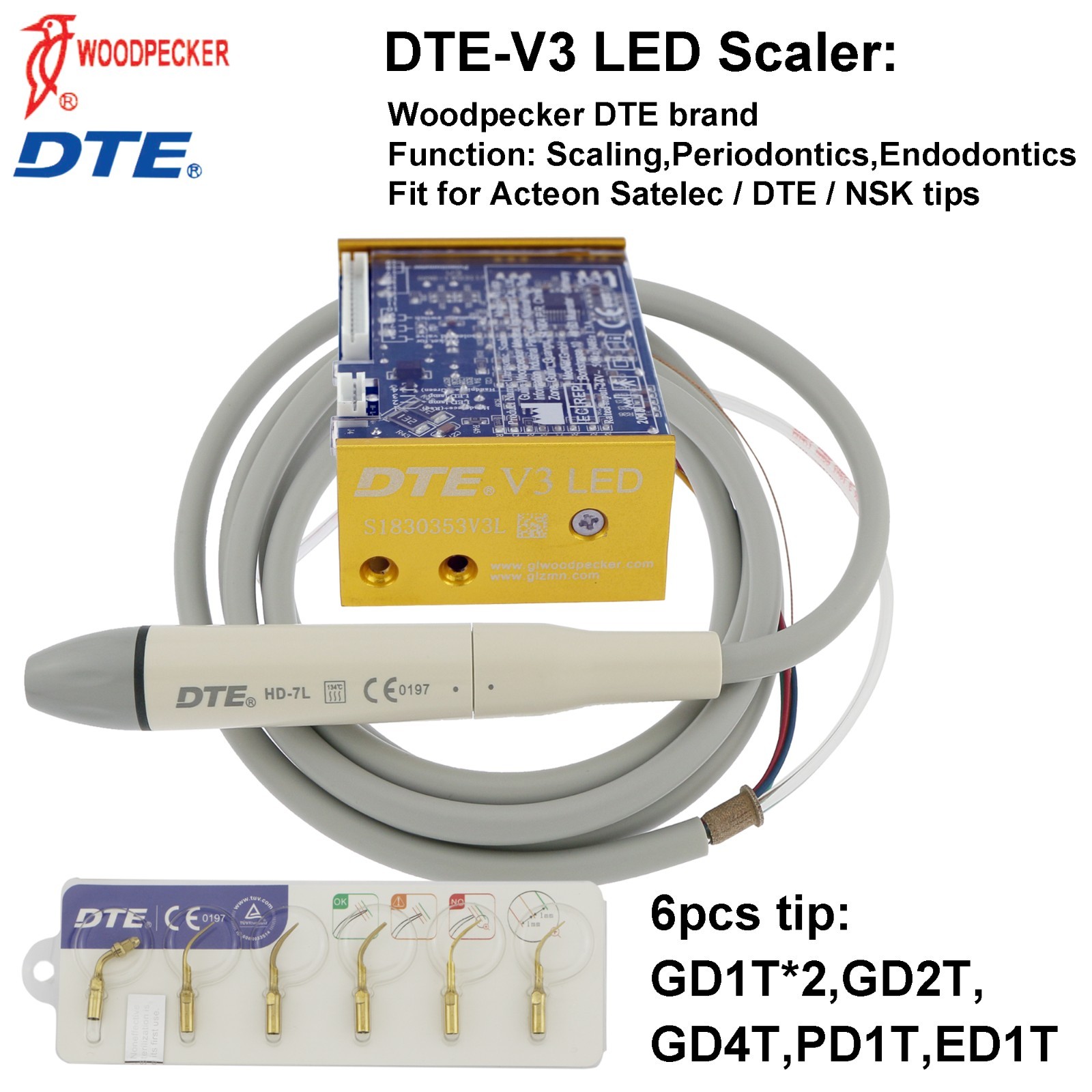 Woodpecker Ultrasonic Scaler DTE V2 V3 LED Handpiece HD-7L Dental Endo Piezo Tip