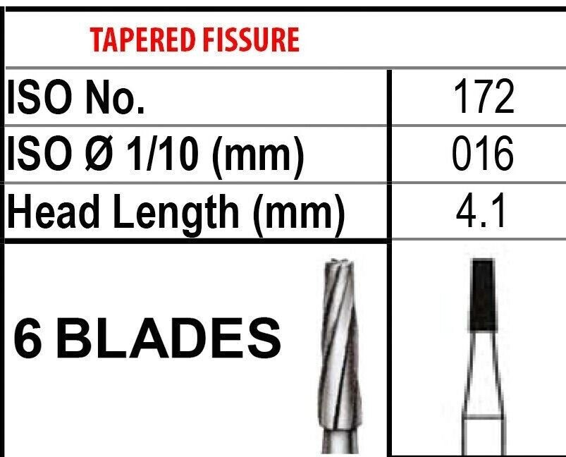 KERR JET Dental Carbide Bur FG 172 Taper Fissure, 1.6mm Diameter. Made in Canada