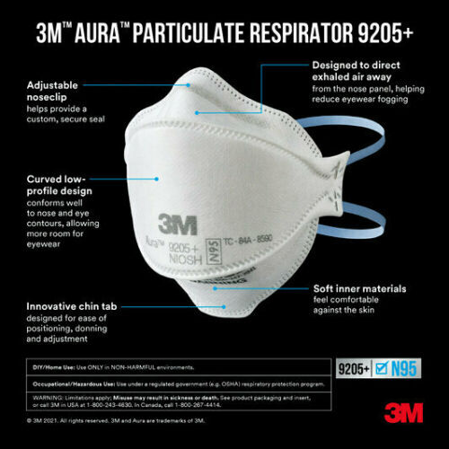3M Aura 9205+ N95 NIOSH Approved Particulate Respirator Face Mask | USA Made |