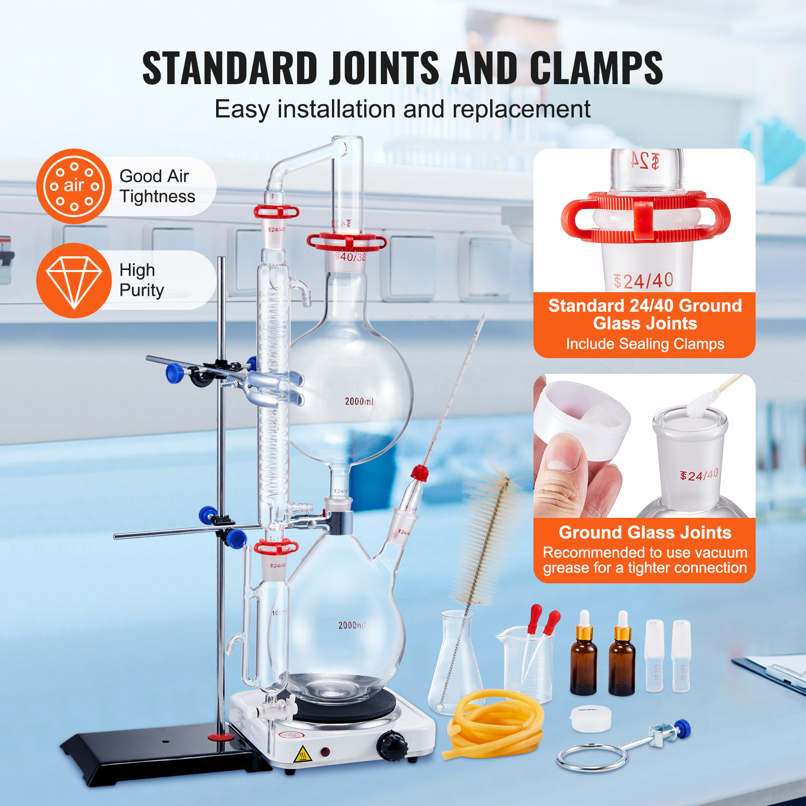 VEVOR 2L Essential Oil Steam Distillation Kit Distillation Apparatus 28 pcs Set
