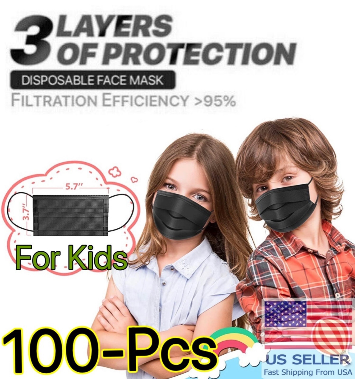 100 PCS Disposable Kids Face Mask Non Medical 3 Ply Ear loop Black Toddler Masks