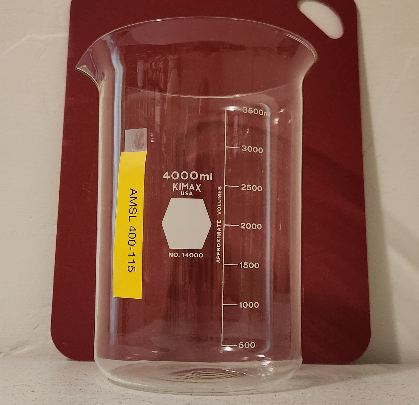 Lot of two (2) new identical KIMAX 4000ml glass lab beakers, type #14000
