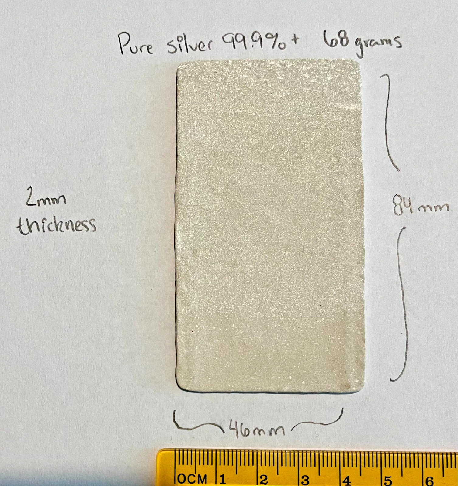 99.9%+ pure SILVER 68g Anode / Cathode rough cut plate.