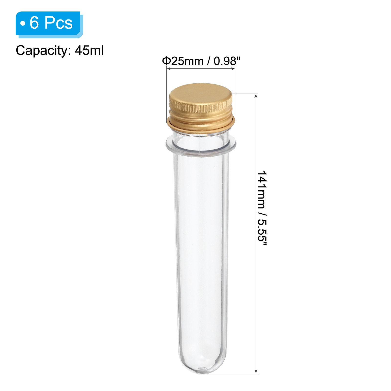 45ml Plastic Test Tubes with Screw Caps, 6Pcs 141x25mm Tubes, Gold Tone