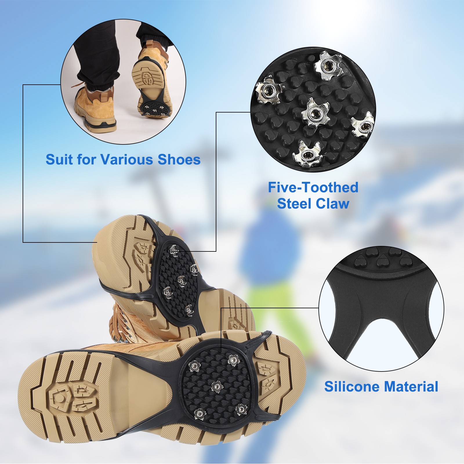 3 Pcs Non-Slip Spikes, 5 Tooth Steel Nails Ice Cleats, Black Size-L