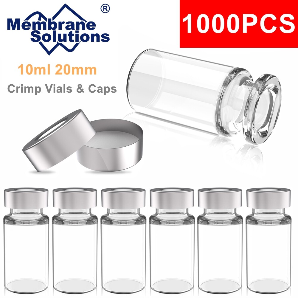 1000PCS 10ml Sample Vials+Aluminum Caps 20mm Crimp Top Clear Glass Bottle HPLC