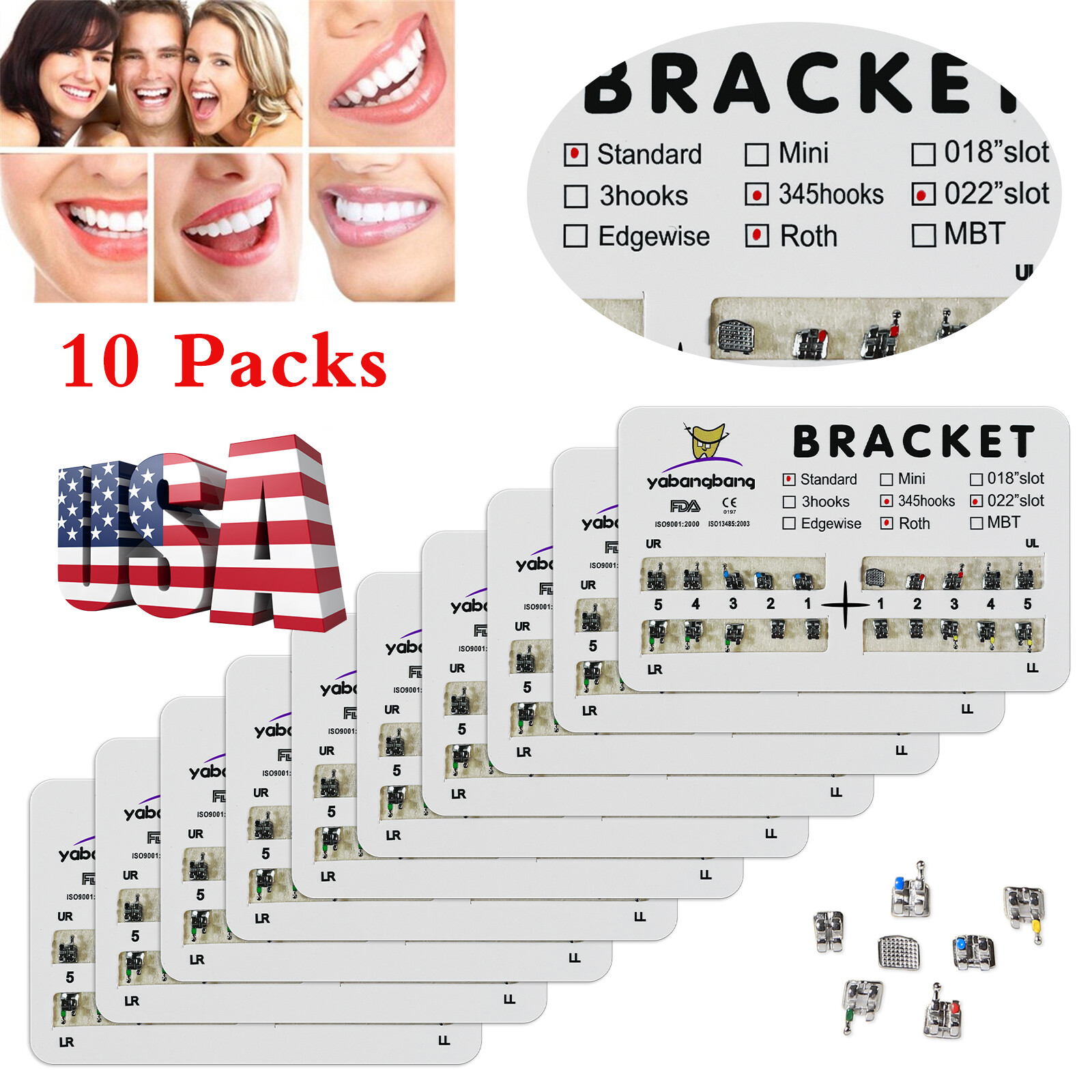 10-200 Packs Dental Orthodontic Brackets Brace Standard Roth.022 Hooks 3 4 5