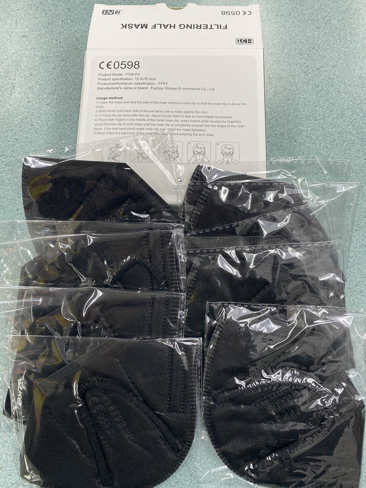 Black disposable Kn95 face mask 50 Pcs, 3D,5 Layers,FFP2