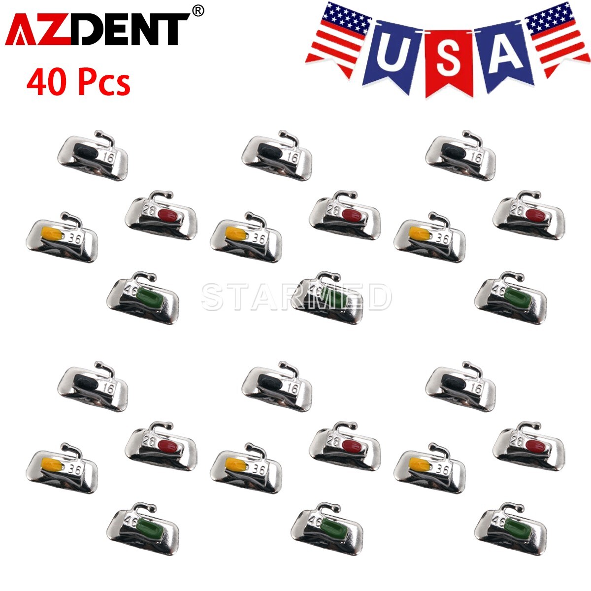 40Pcs AZDENT Dental Orthodontic 1st Molar Buccal Tube Bondable Non-conv Roth.022