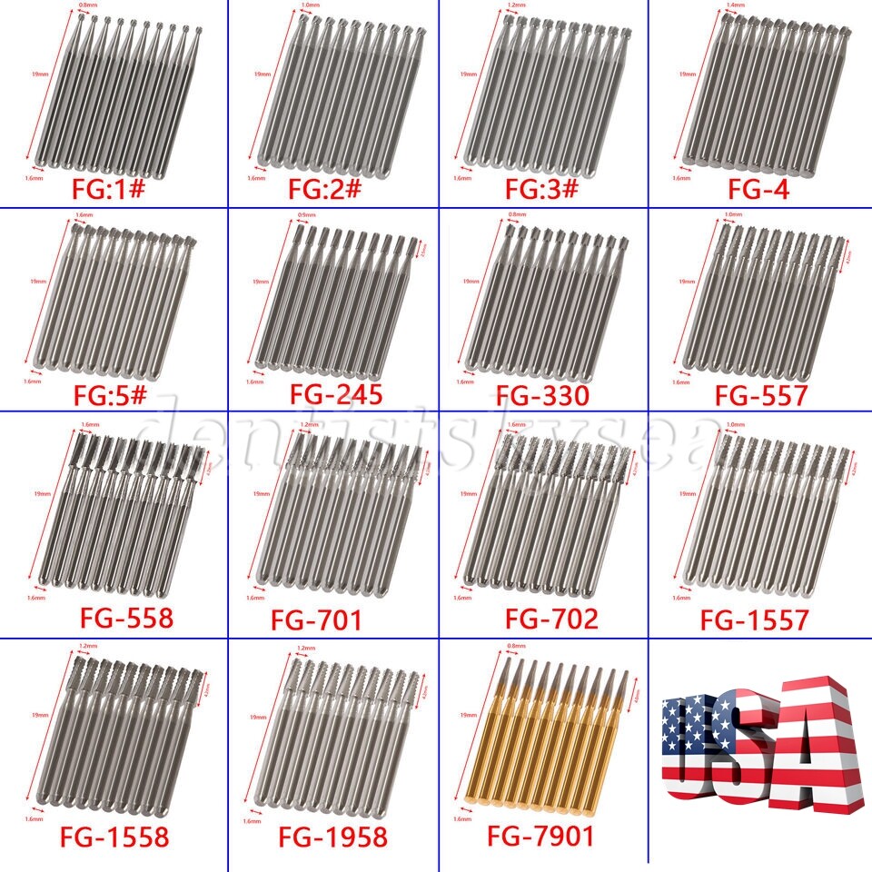 Fresas redondas de carburo de tungsteno dental FG1-FG5 Alta velocidad 10Pcs FXA
