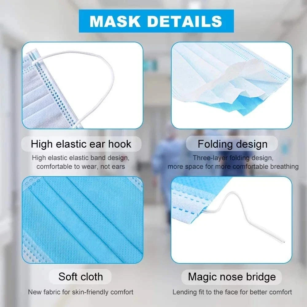 Blue 50 Pcs Disposable Face Masks 3-Ply Non Medical Surgical Earloop Adult FAST