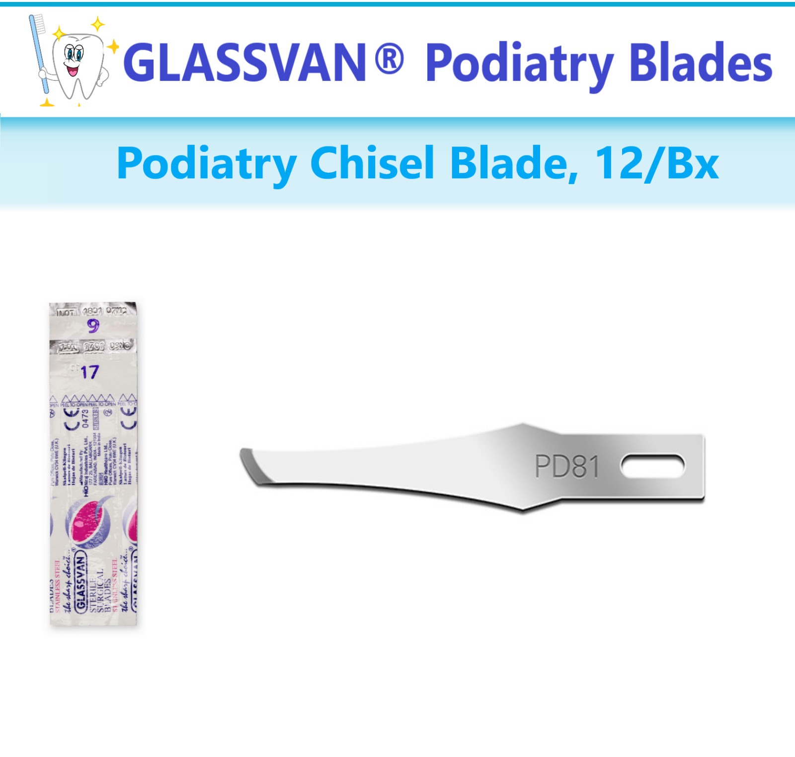 GLASSVAN® Podiatry Blades #9, #81, #88, #313, #314 Podiatry Chisel Blade, 12/Bx