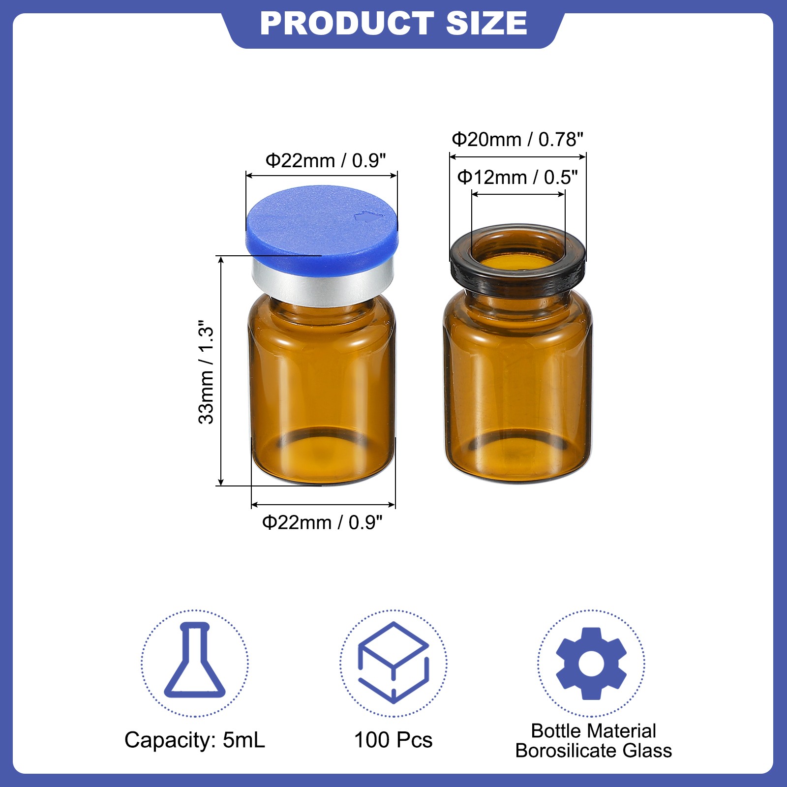 5ml Sample Vials 100pcs Lab Empty Vials with Rubber Stopper Caps Labels Amber