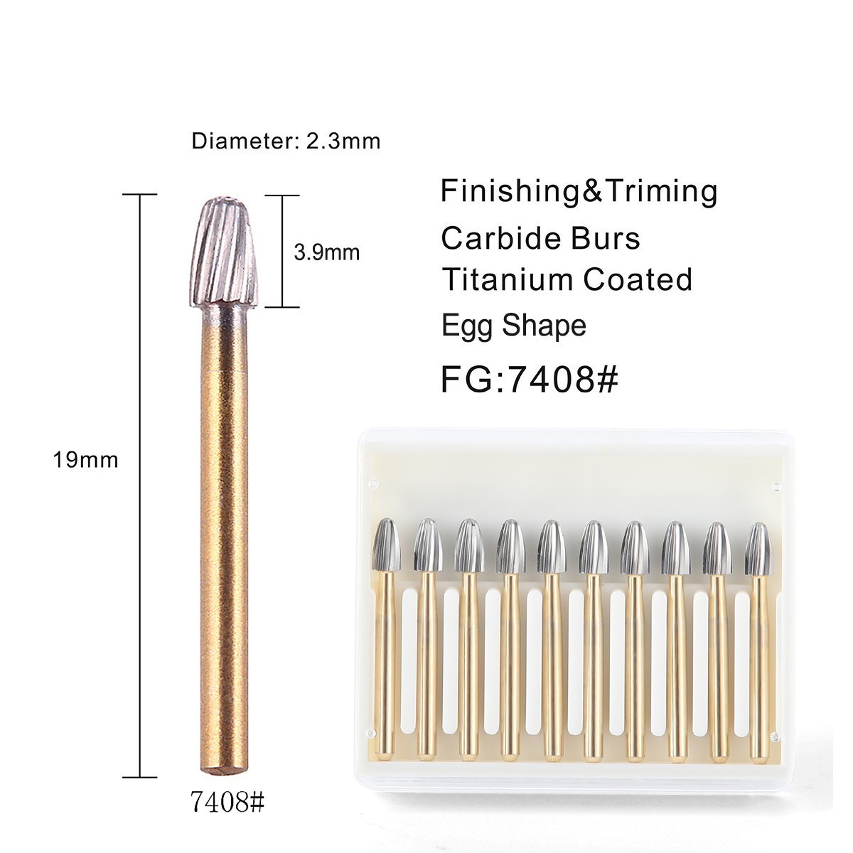 10Pcs Dental Tungsten Carbide Burs Trimming & Finishing Egg Football Bur FG 7408