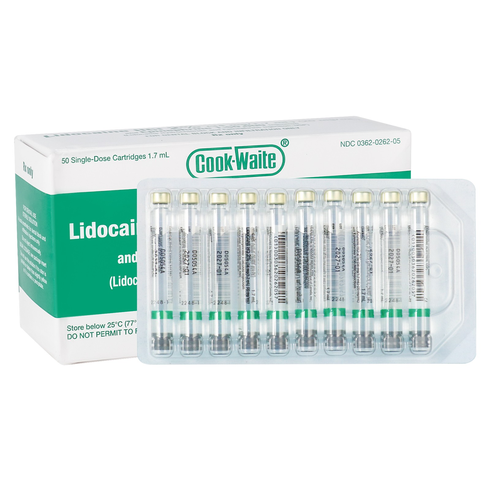 Cook-Waite Green/Red 50 cartridges w/Epinephrine 1:100,000 HCl 2% Injectable