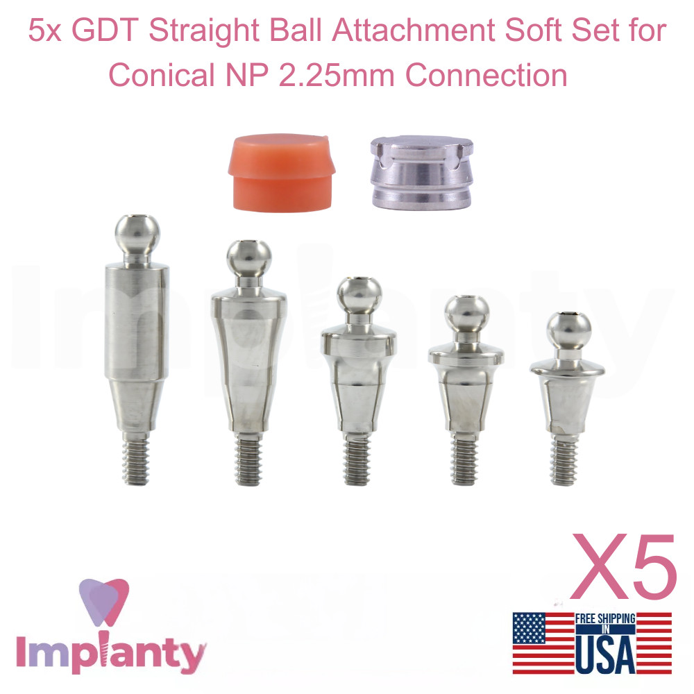 5x Dental Straight Ball Attachment Soft Set Conical Connection NP 2.25mm System