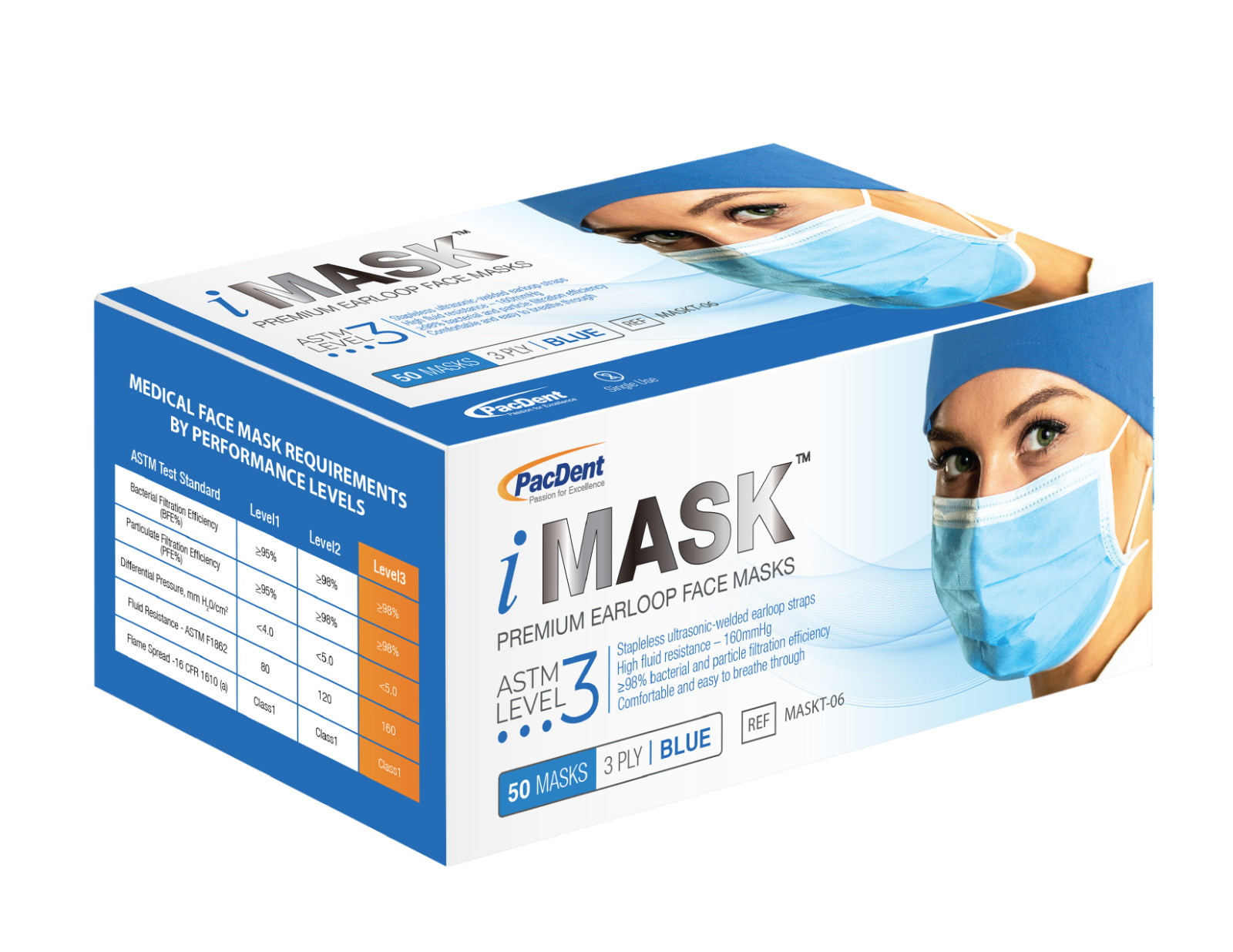 3 Ply iMask 500 Pcs Non-woven Earloop BLUE Face Mask ASTM Level 3 BFE&PFE ≥98%
