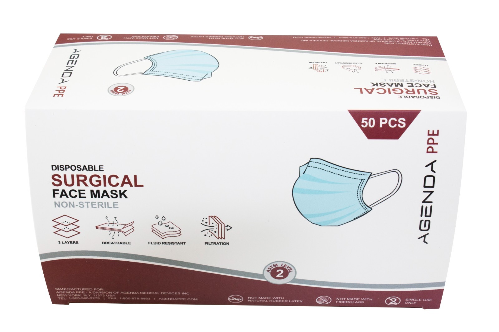 Agenda PPE – Level 2 ASTM Disposable Face Masks Blue 3 Ply Earloop – 600pcs