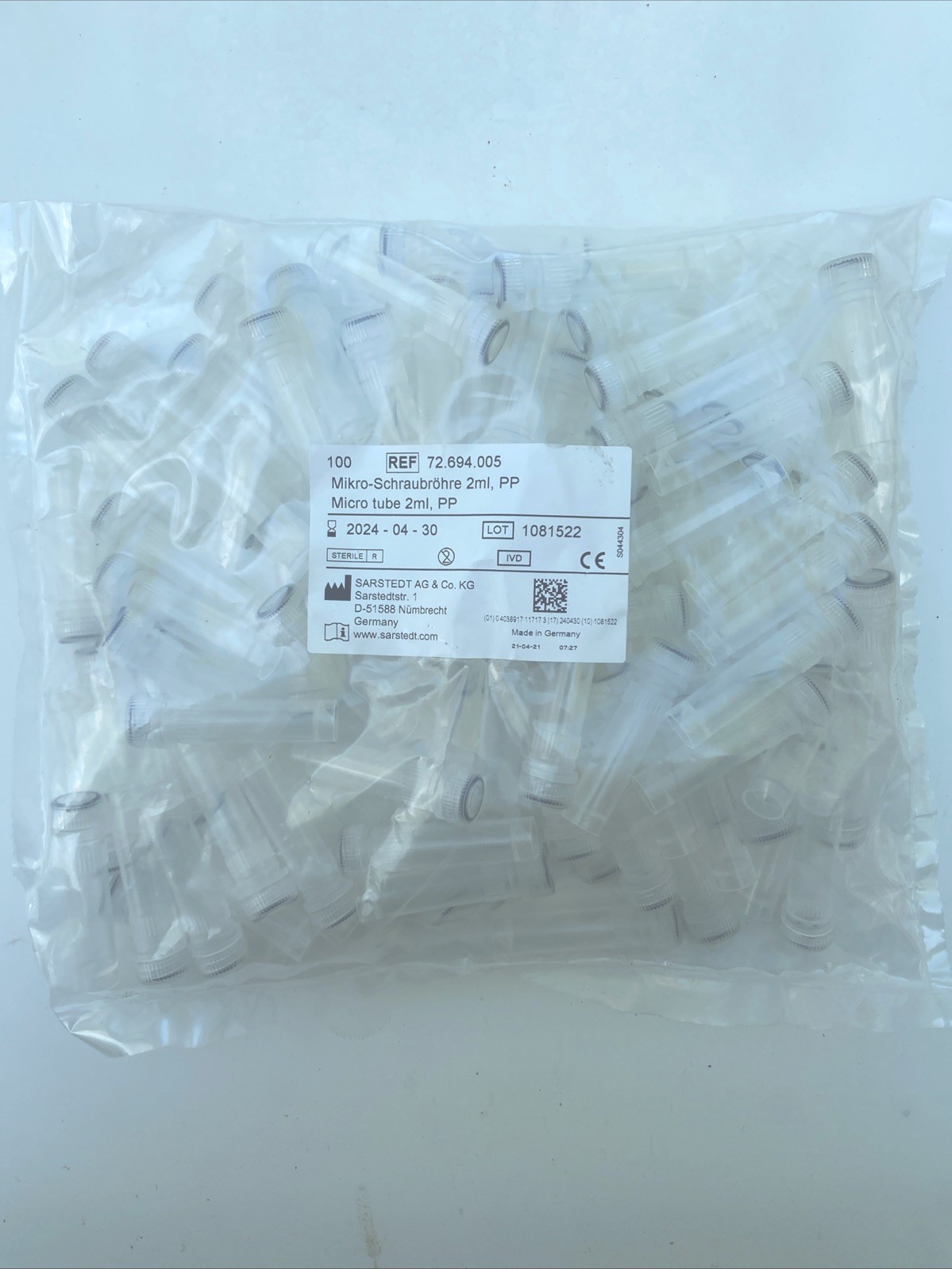 100/pack 2ml individual screw cap miniature screw cap tubes 72.694.005