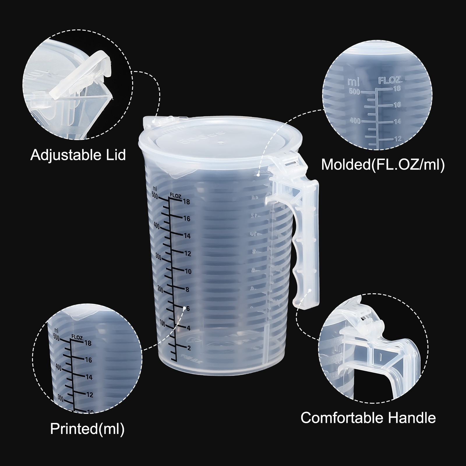 2Pcs Graduated Beaker 500ml PP Plastic Cup Double Sided Black Graduations