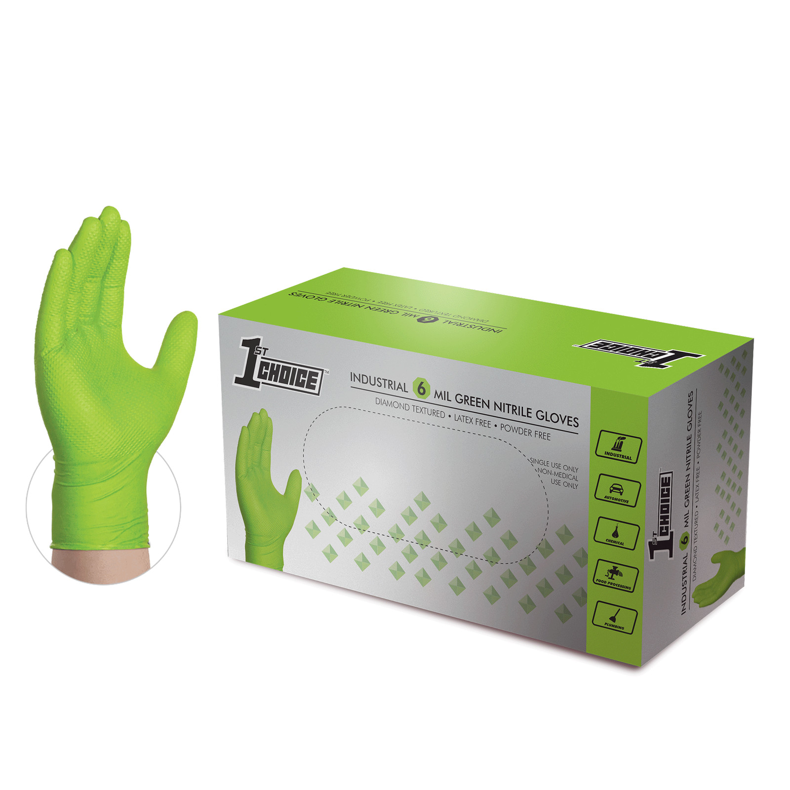 1st Choice Premium Green Nitrile Disposable Gloves 6 Mil Diamond Texture 100/Box