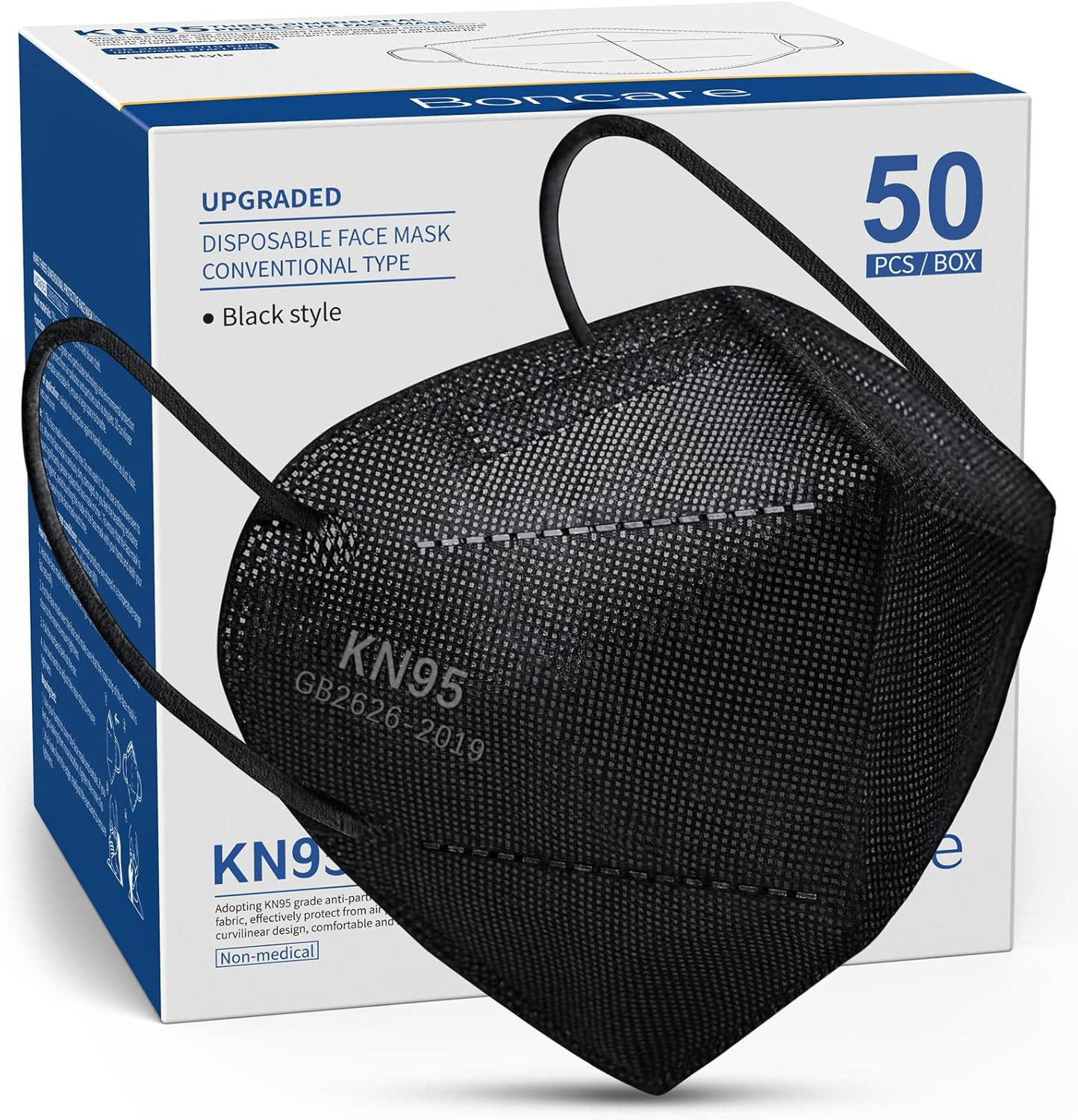 Boncare KN95 Face Masks 50 Pack, Black, 5-Layer Disposable Face Masks, Breathabl
