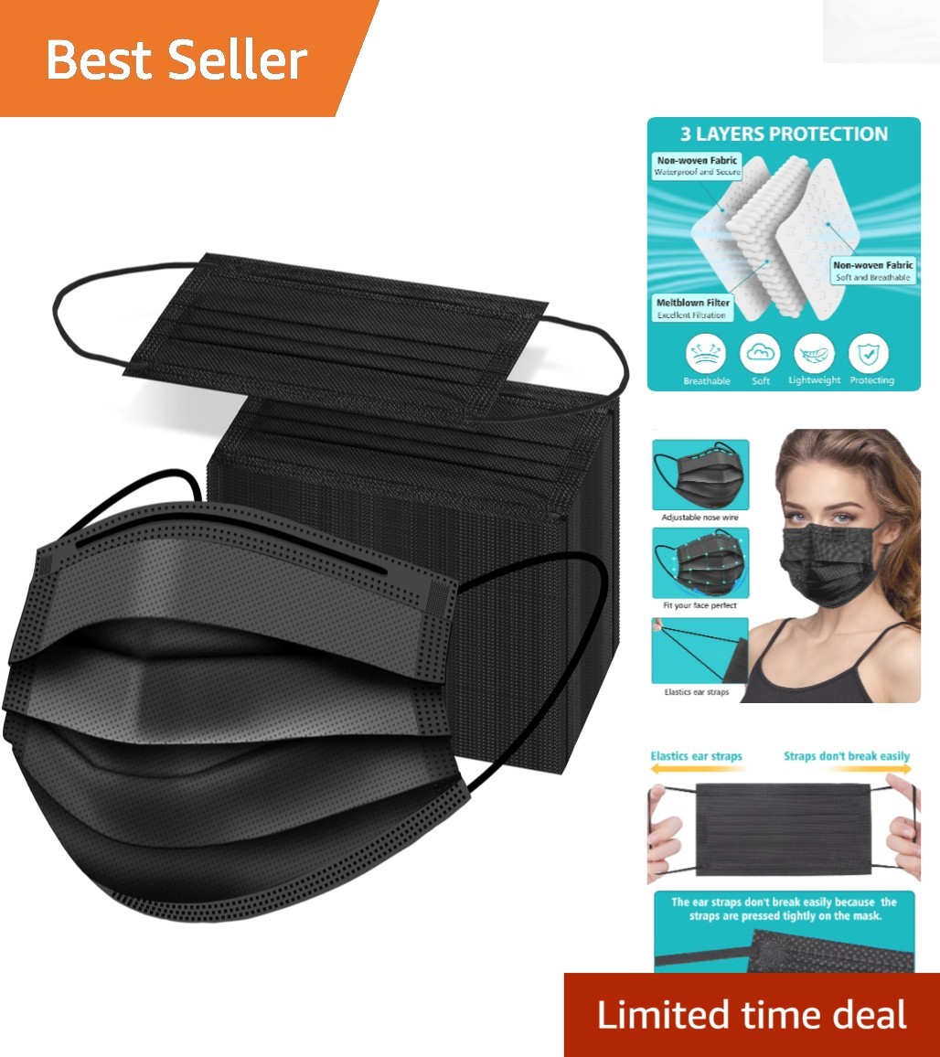 50PCS Stylish Black Disposable Face Masks – 3 Layer Protection for Adults