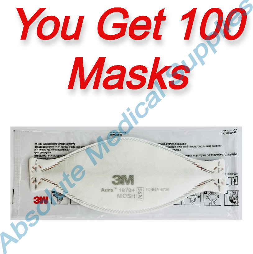 *100-Pack* 3M Aura NIOSH N95 Particulate Respirator Face Mask White 1870+