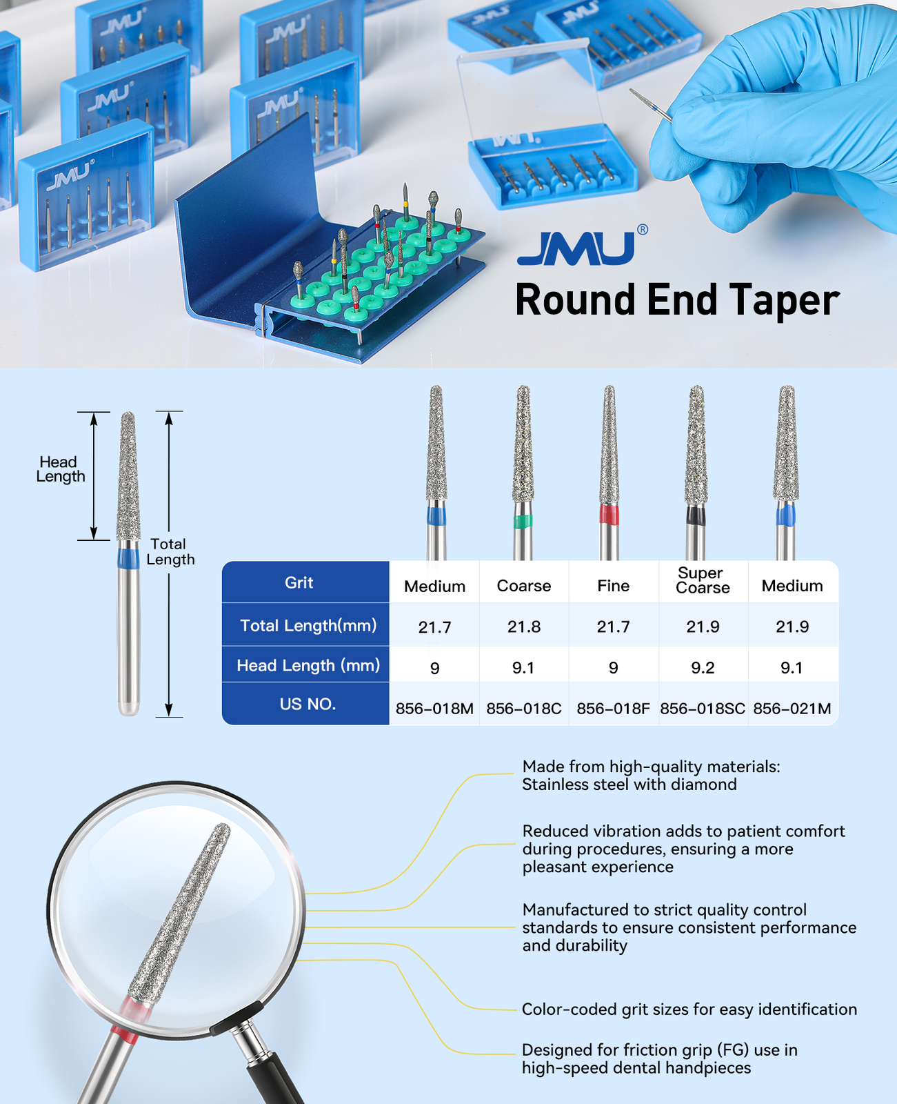 JMU Dental Diamond Burs Fit High Speed Handpiece Friction Grip Round End Taper