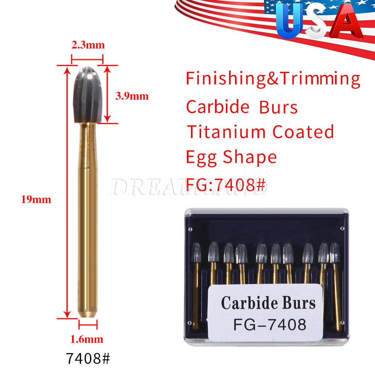 10Pcs Dental Tungsten Carbide Burs Trimming & Finishing Egg Football Bur FG 7408