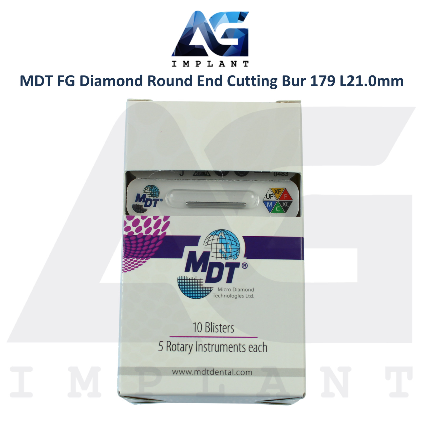 MDT Dental FG Diamond Coated Round End Cutting Bur 179 L21.0mm Ø0.16mmX1.5mm