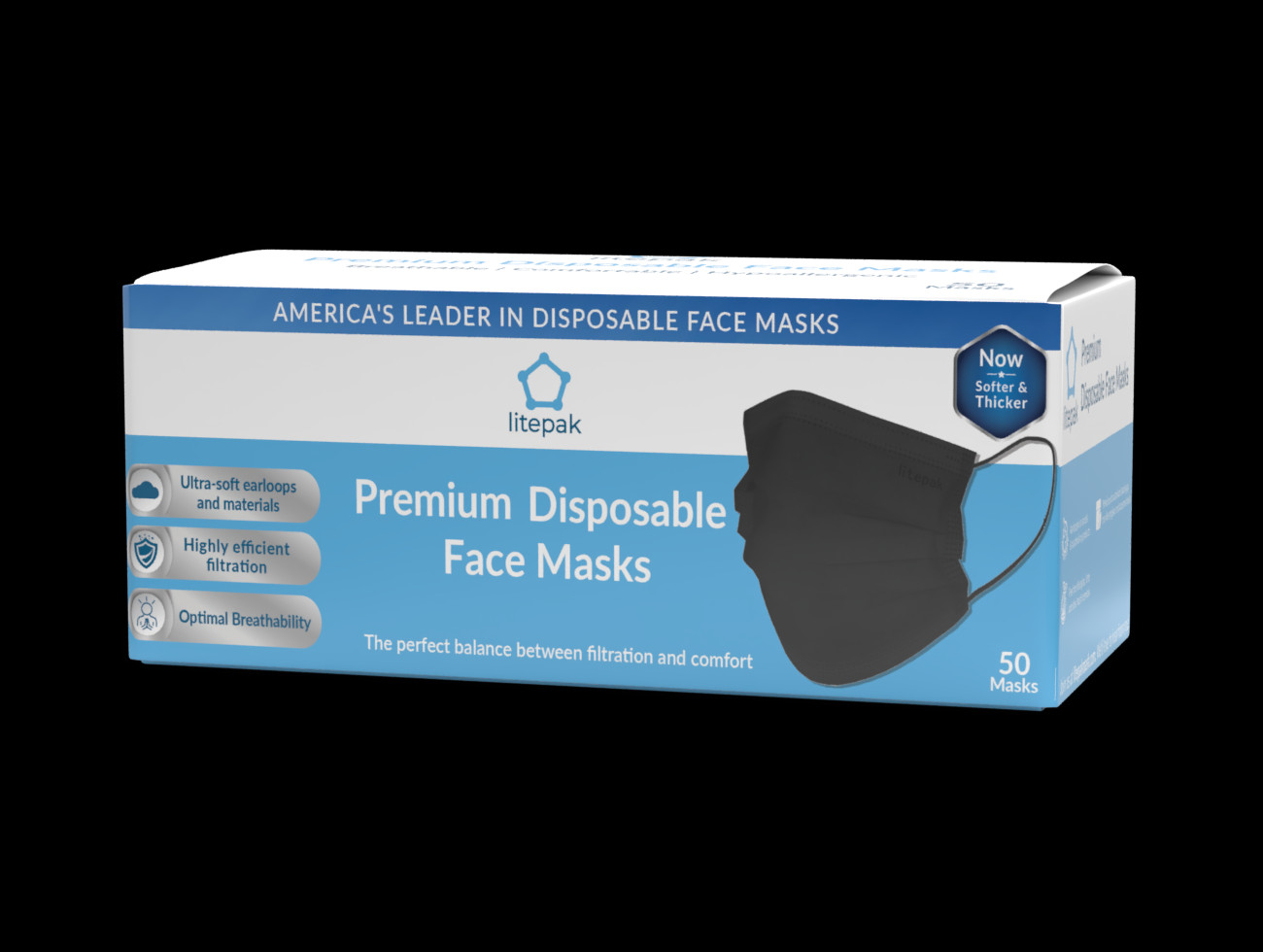 50pcs Litepak Black Disposable Face Mask SOFT 3-Ply Premium Mouth Cover USA