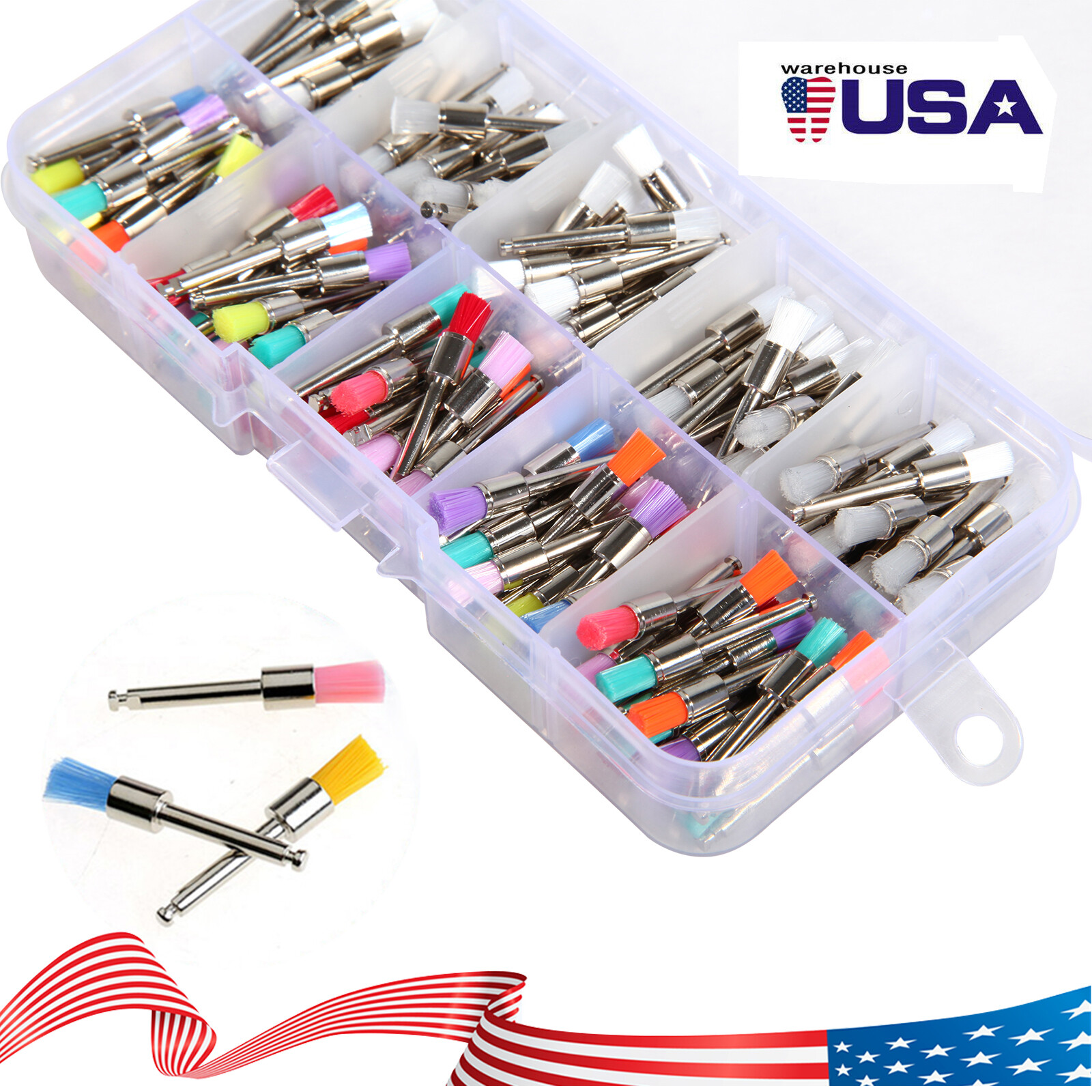 200 Pcs Dental White&Colorful Nylon Latch Flat Polishing Polisher Prophy Brushes