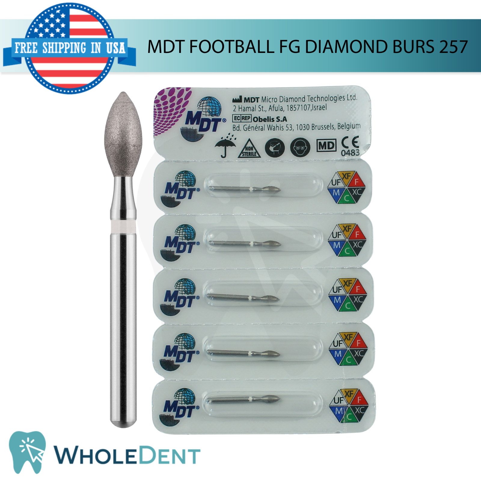 Dental MDT Football 257 FG Diamond Burs Bud Shape L20.0mm Contouring Restoration