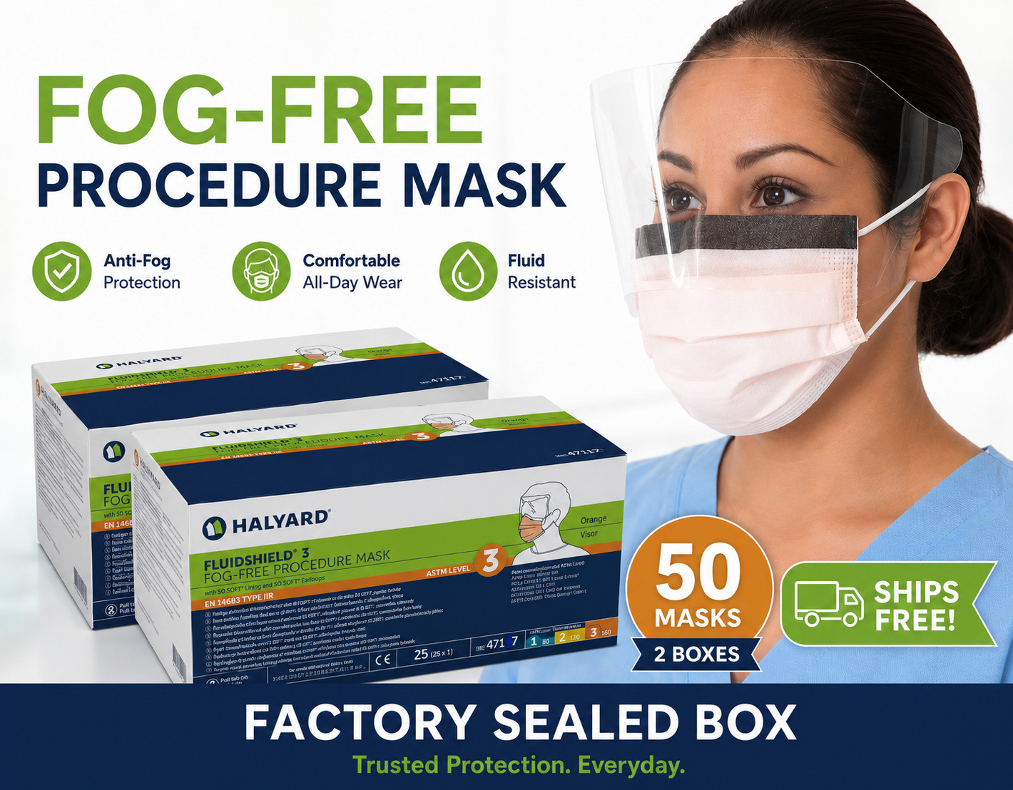 Halyard 47147 Fog-Free FluidShield ASTM Level 3 Procedure Mask Earloops 50-Piece