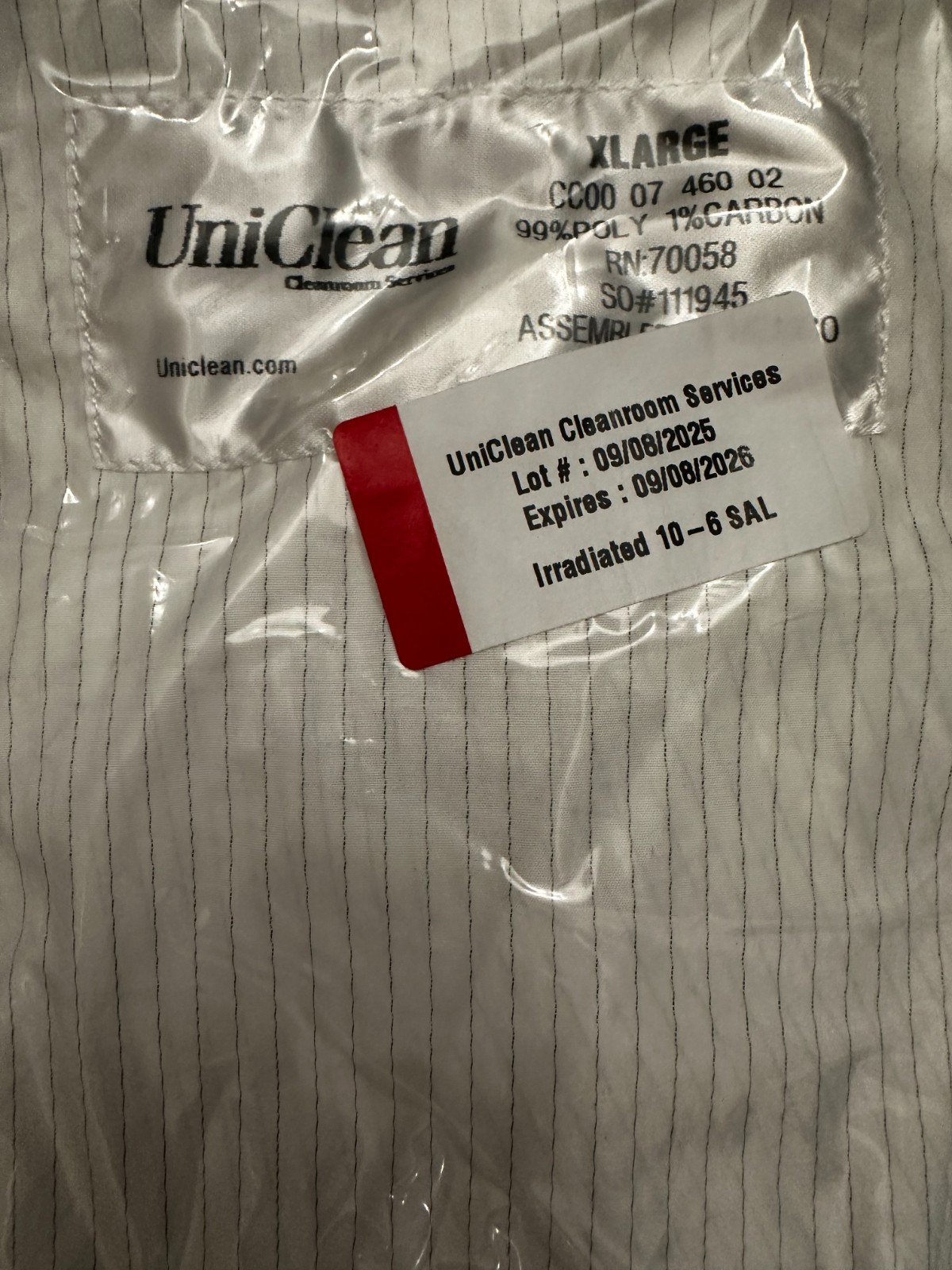 UNICLEAN COVERALL – XL Class 7 – STERILE ESD – 09/08/2026 – 99% POLY 1% CARBON