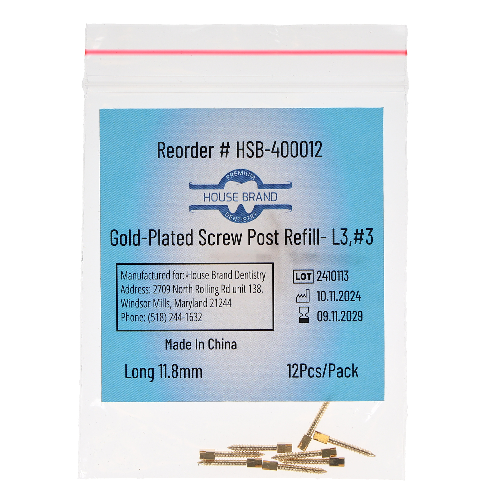 House Brand Dentistry 400012 HSB Gold Plated Screw Posts L3 #3 Long 11.8mm 12/Pk