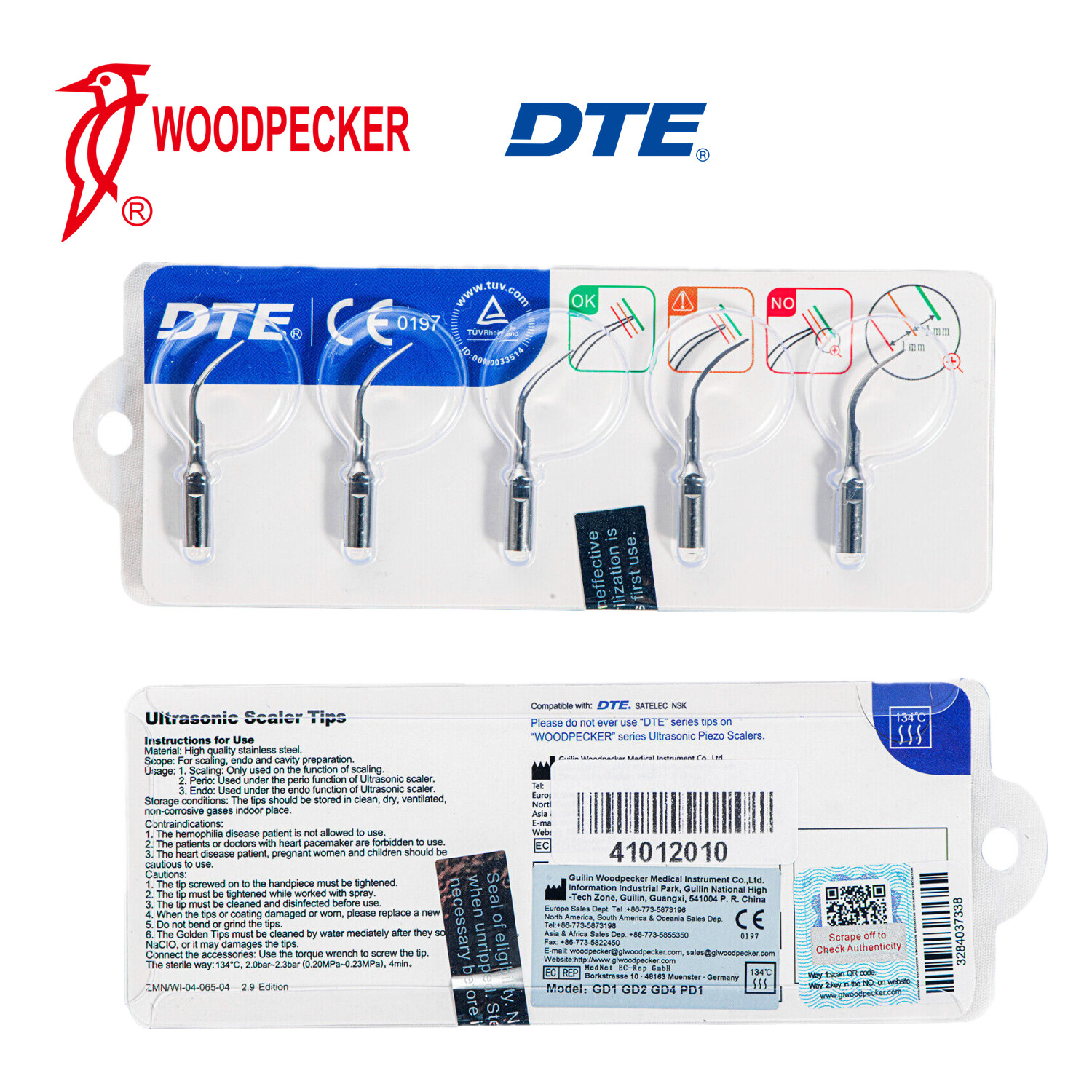 5pc/pack Woodpecker DTE Dental Ultrasonic Scaler Tips Assorted Fit NSK SATELEC