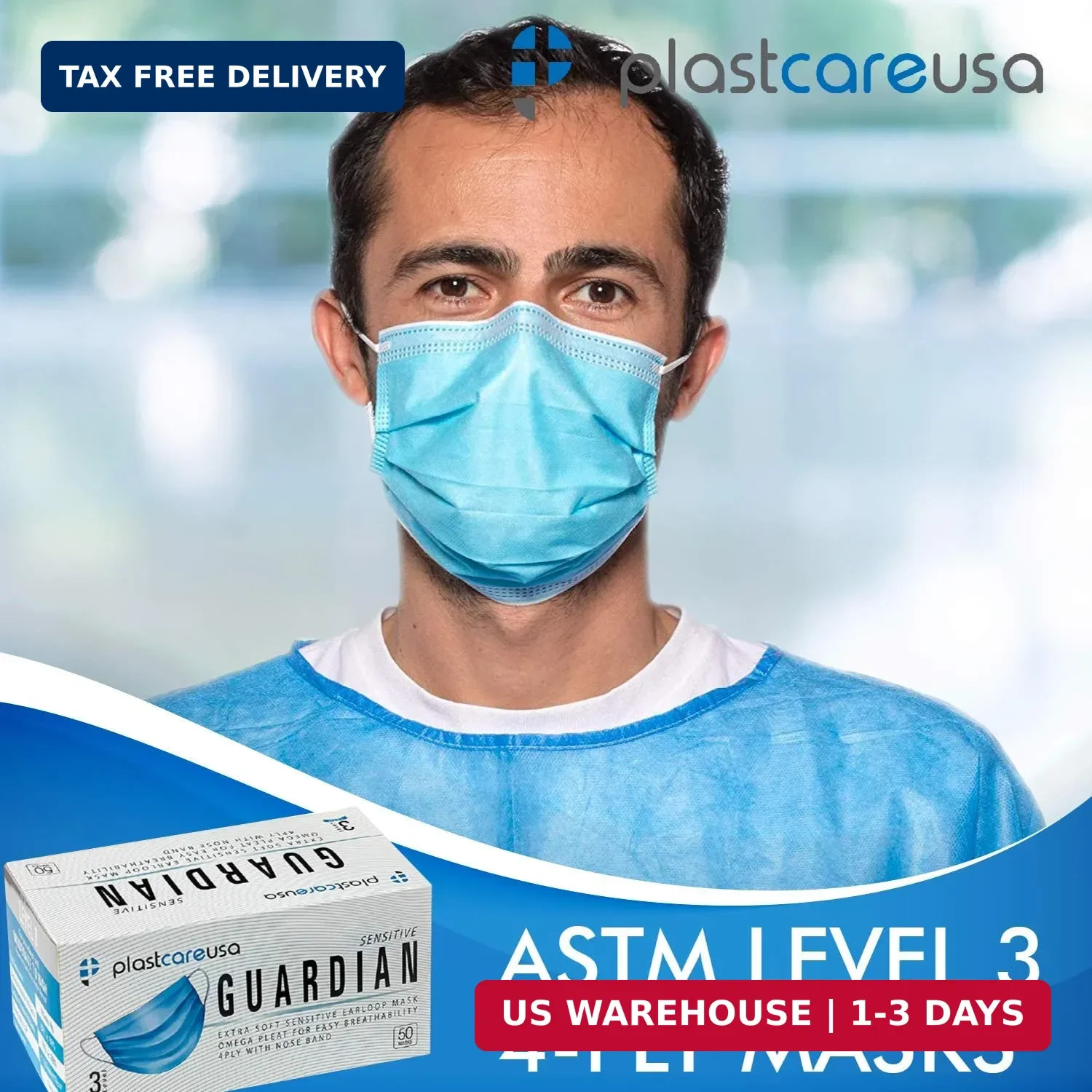 PlastCare USA 100 4-Ply ASTM Level 3 Face Masks, Disposable (Blue) (2 Boxes of 5