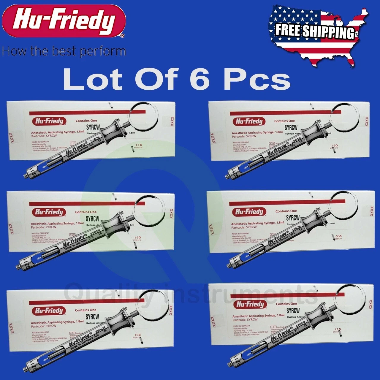Lot of 6 Pc Hu-Friedy CW Style Dental Anesthetic Aspirating 1.8ml Syringe SYRCW