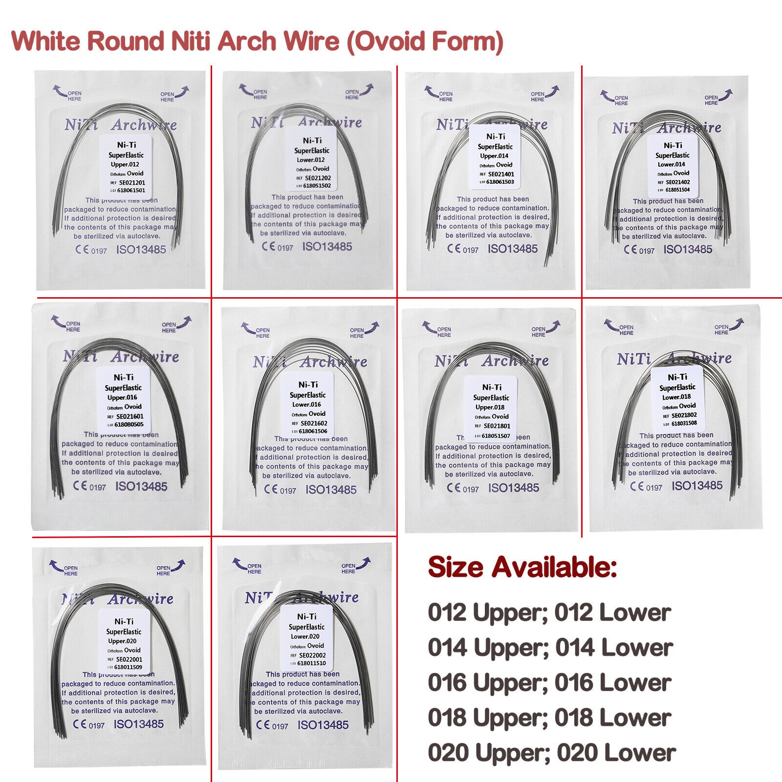 100 PCS dental orthodontic super elastic niti round arch wires Ovoid form 10 bag