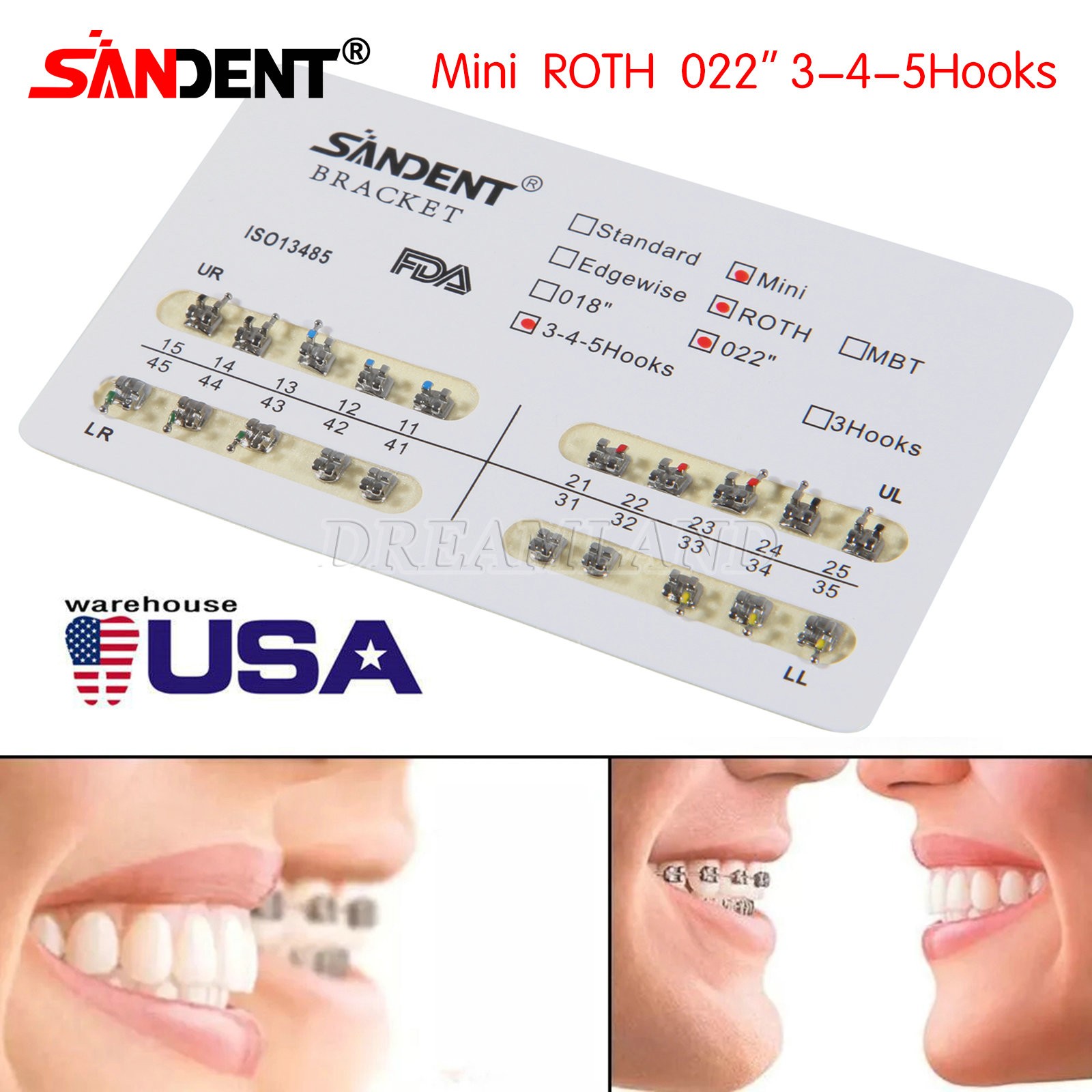 10 Kit Dental Orthodontic Metal Brackets Braces Mini Roth Slot.022 3-4-5 Hooks H