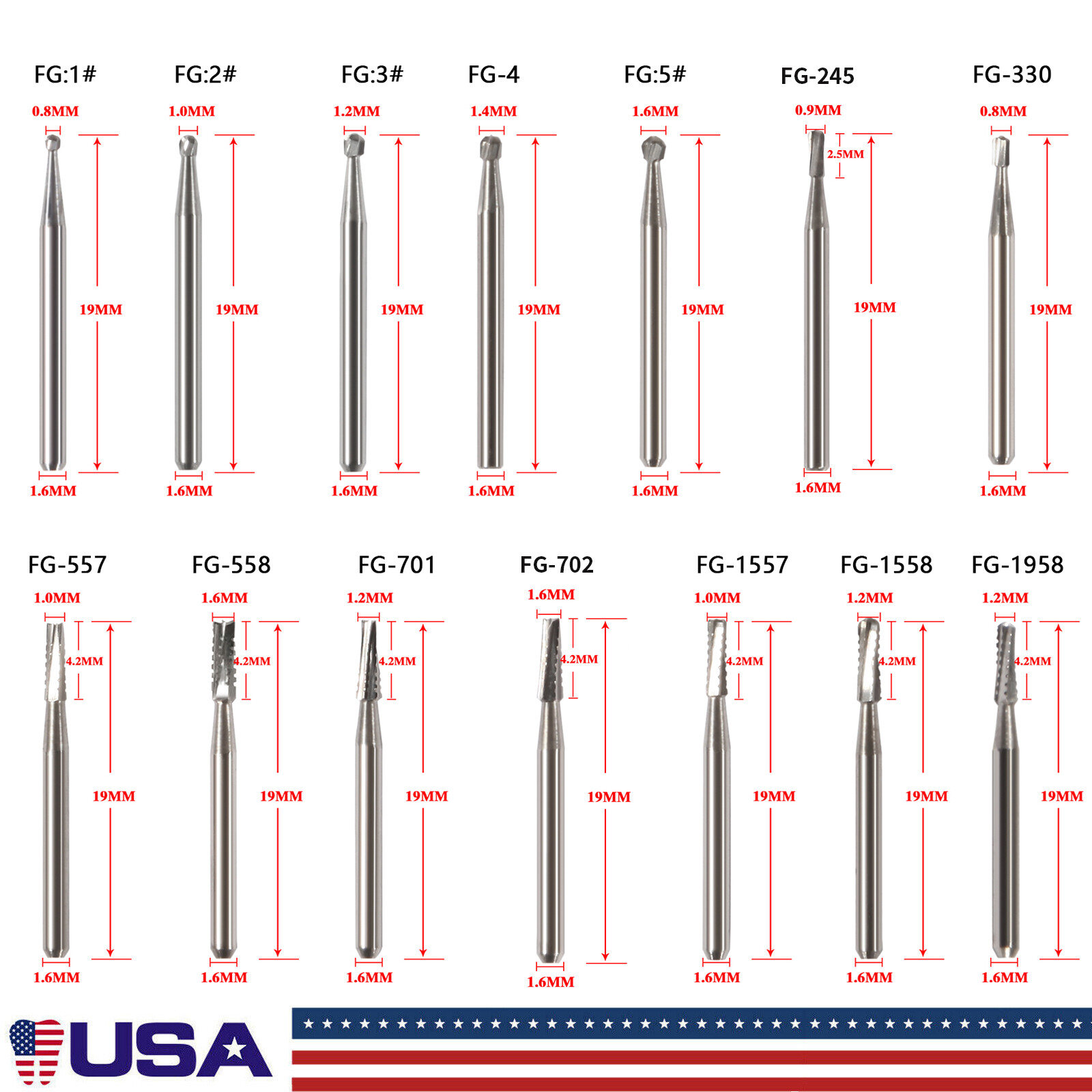 10-100* Dental Tungsten Carbide Steel Burs Drills for High Speed Handpiece