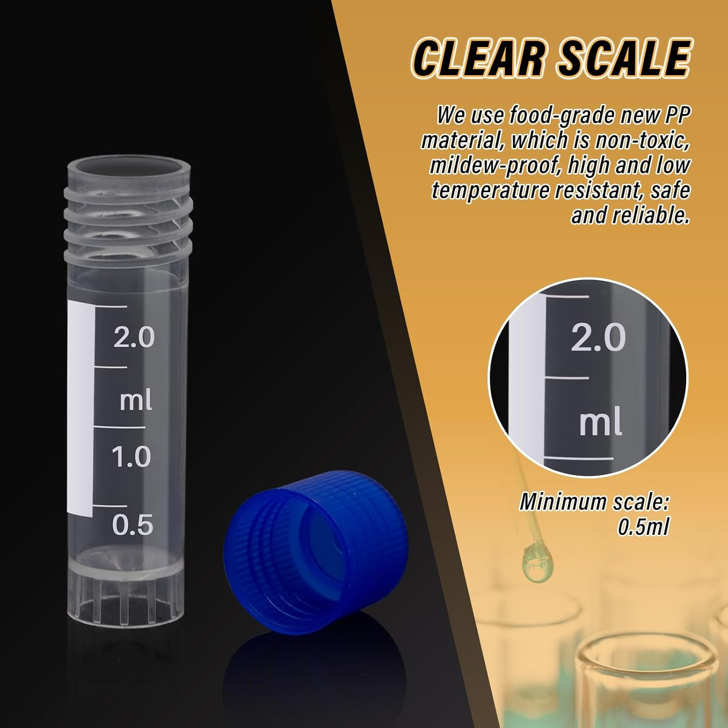 100 Pcs 2Ml Small Vials with Screw Caps Centrifuge Tubes Plastic Sample Tubes Cr