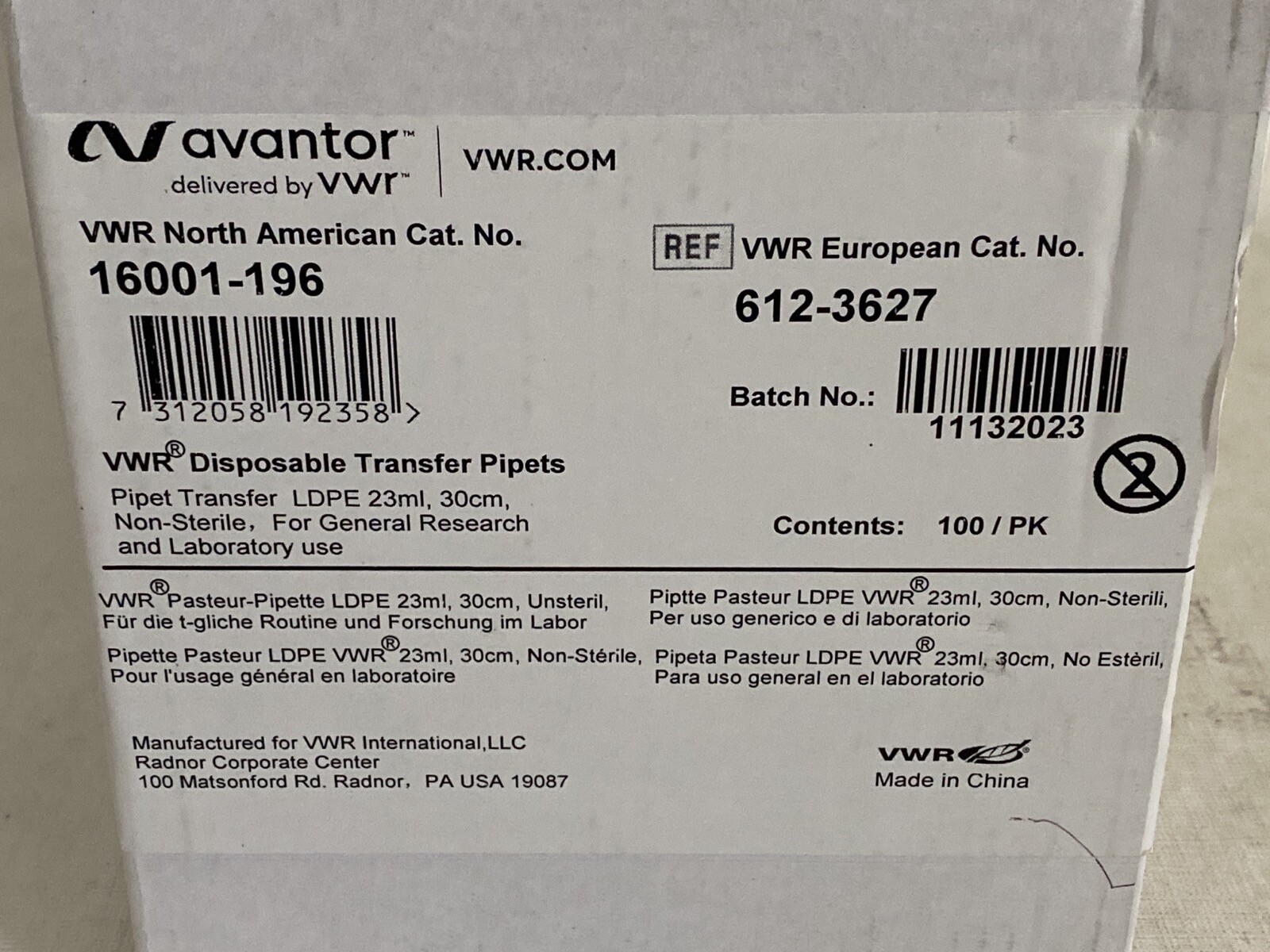 (100/Pk) VWR 23mL LDPE Disposable Transfer Pipets Non-Sterile 16001-196