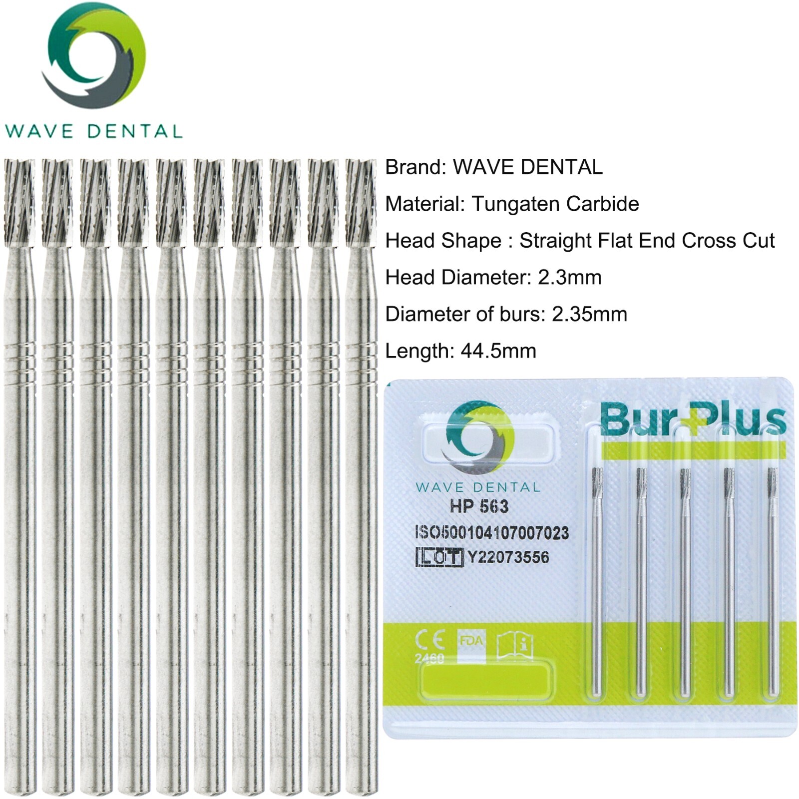 US 10 Pcs WAVE Dental Tungsten Carbide Bur Straight Fissure HP 555 – 563 Prima